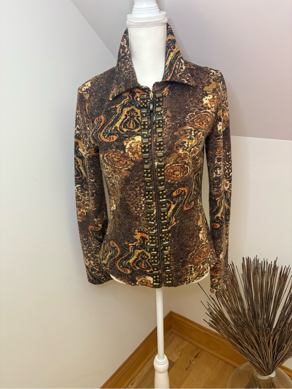 Alberto Makali Brown Paisley Stud-Trim Zip Jacket Sz M
